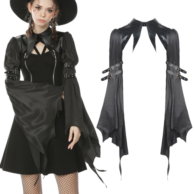 Dark in Love Bolero jacket (BW087) with collar and shoulders in faux leather with snakeskin grain and satin trumpet sleevesin the look of bat wings