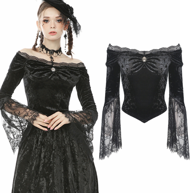 Waist Short Victorian Dark in Love Velvet Shirt (TW305)  with Wide Lace Sleeves and Carmen Neckline with Silver Cameo Pendant