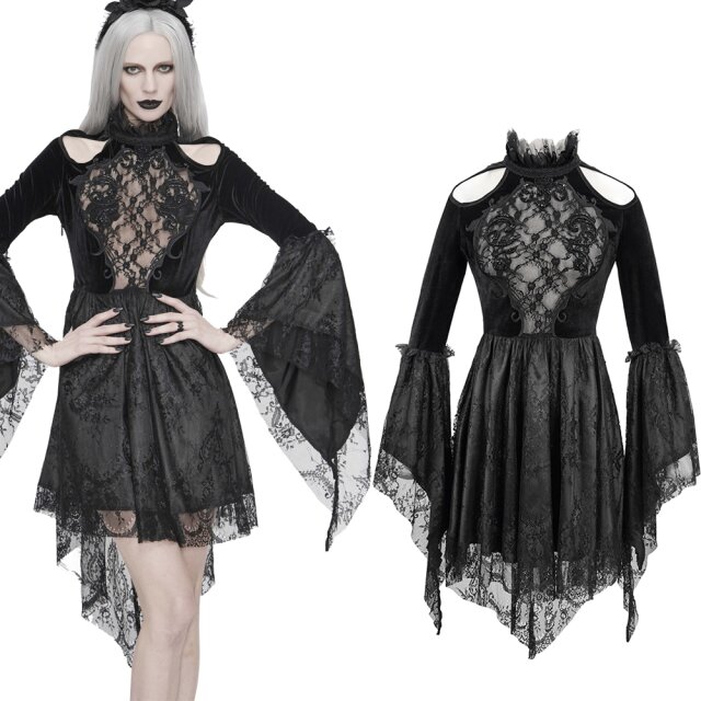 Eva Lady off-shoulder velvet dress (ESKT031) with large beaded lace insert at the front and attached, wide hi-lo lace skirt and fabulous, lacy trumpet sleeves