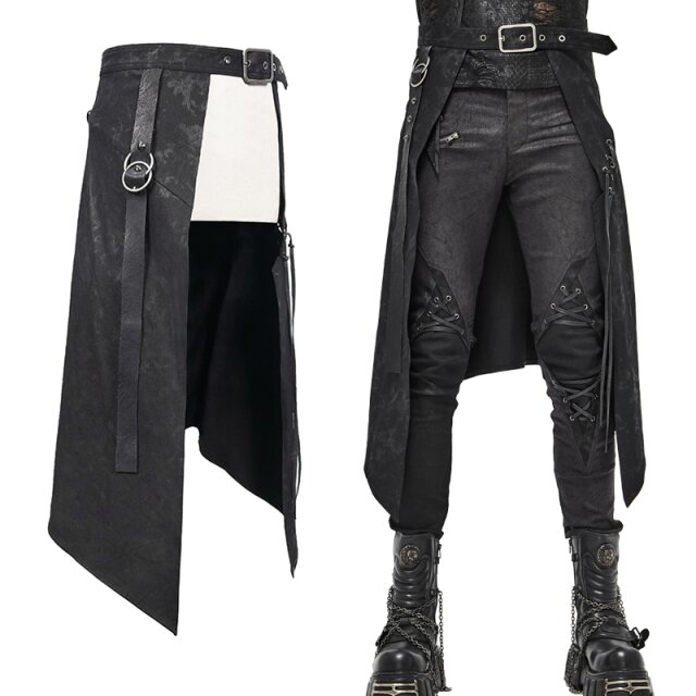 Schwarzer Devil Fashion Denim-Herrenrock (SKT125) mit Used-Look Allover-Print, Schnürungen, Kunstlederriemen und abgeschrägtem Saum