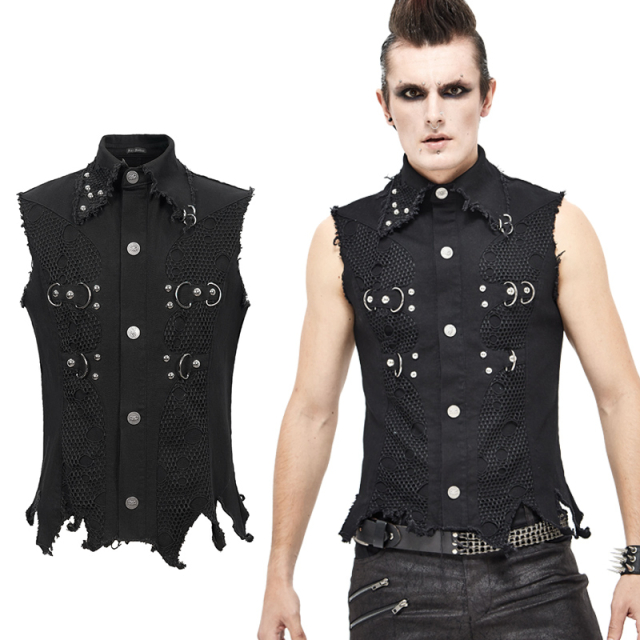 Frayed Devil Fashion denim waistcoat / sleeveless shirt (WT061) with ripped mesh appliqués, silver-coloured studs and D-rings
