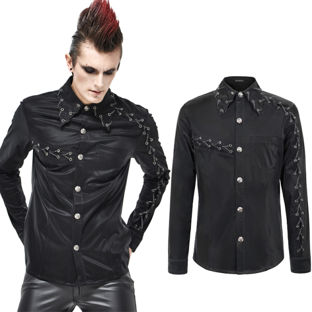Slightly stretchy Devil Fashion long-sleeved shirt (SHT066) with heavy metal chain details and a wickedly shiny cyber surface in leather look