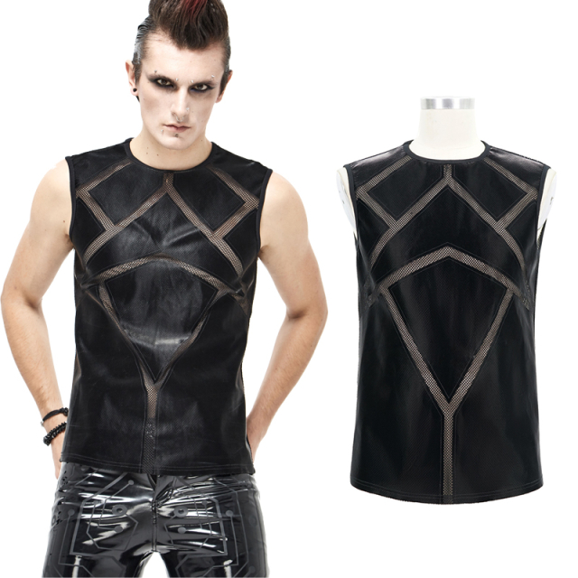 Ärmelloses Devil Fashion Netzshirt (TT161) mit futuristisch-geometrischen Cyber-Applikationen in seidenmatt glänzendem PVC-Material.