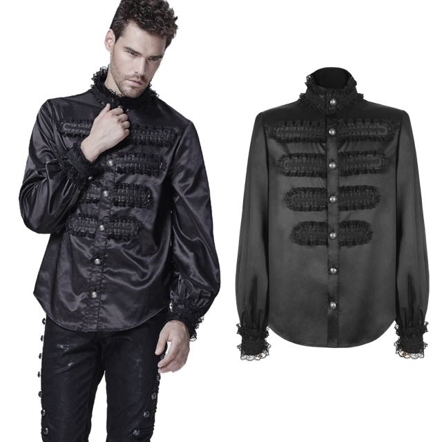 Silky shiny gothic mens shirt in black with frills. PUNK...