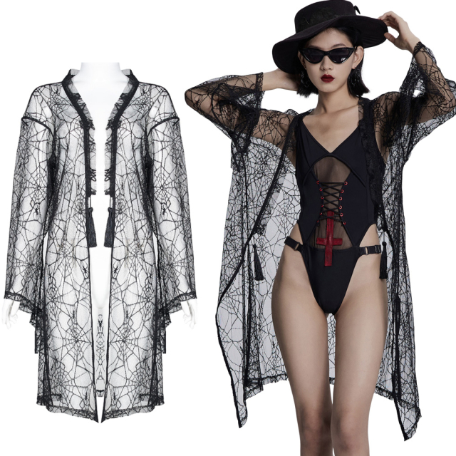 Lightweight, thigh-length PUNK RAVE gothic oversized jacket (WY-1335 BK)  in spider web look with flared trumpet sleeves