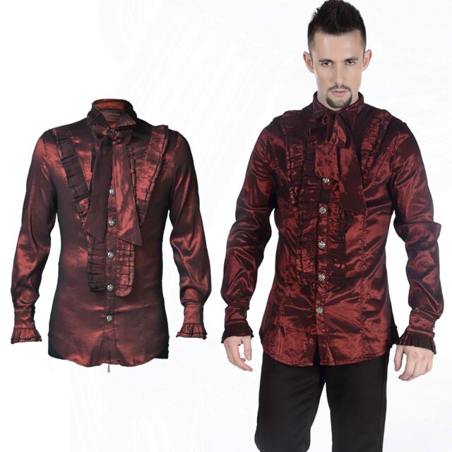Dunkelrotes Herren Gothic Rüschenhemd aus glänzendem Stretchmaterial. Passform Slim-fit