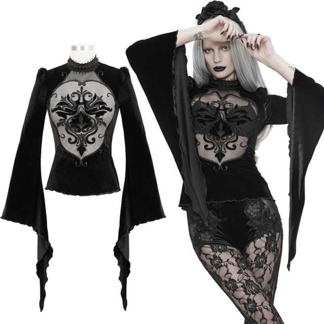 Fairytale velvet shirt (ETT022) with transparent mesh insert at the front with baroque ornament and very long tapered trumpet sleeves as well as beaded and lace-trimmed stand-up collar