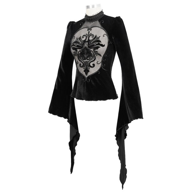 Samtshirt Rocaille mit Mesh-Einsatz und Ornament vorne M-L
