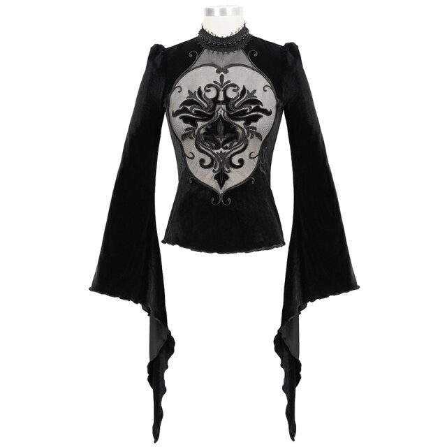 Samtshirt Rocaille mit Mesh-Einsatz und Ornament vorne M-L