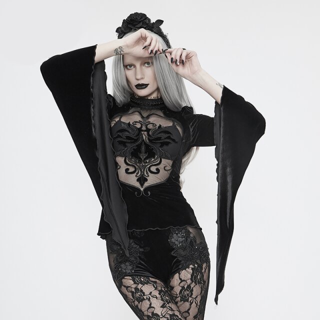 Samtshirt Rocaille mit Mesh-Einsatz und Ornament vorne M-L