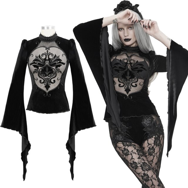 Märchenhaftes Samtshirt (ETT022) mit transparentem Mesh-Einsatz vorne mit barockem Ornament und sehr langen spitz zulaufenden Trompetenärmel sowie Perlen und Spitzen-besetztem Stehkragen