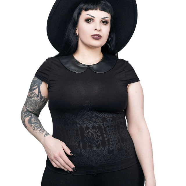 KILLSTAR Althea Top - Lightweight short-sleeved shirt with cute faux leather Peter Pan collar and subtle gothic print