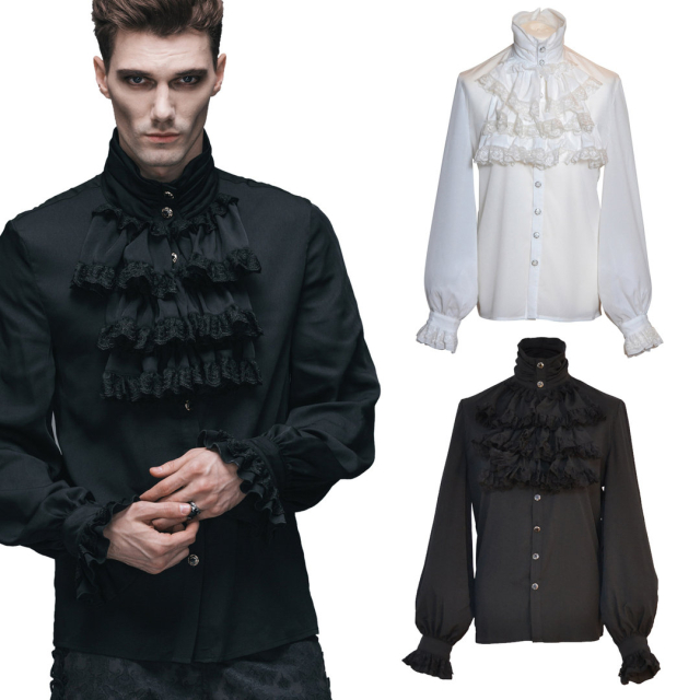 Leichtes Gothic Rüschenhemd in schwarz oder weiß mit angenähtem Jabot. Hersteller: Devil Fashion