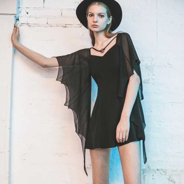 PUNK RAVE Mini Dress Great Moon with Batwing Sleeves