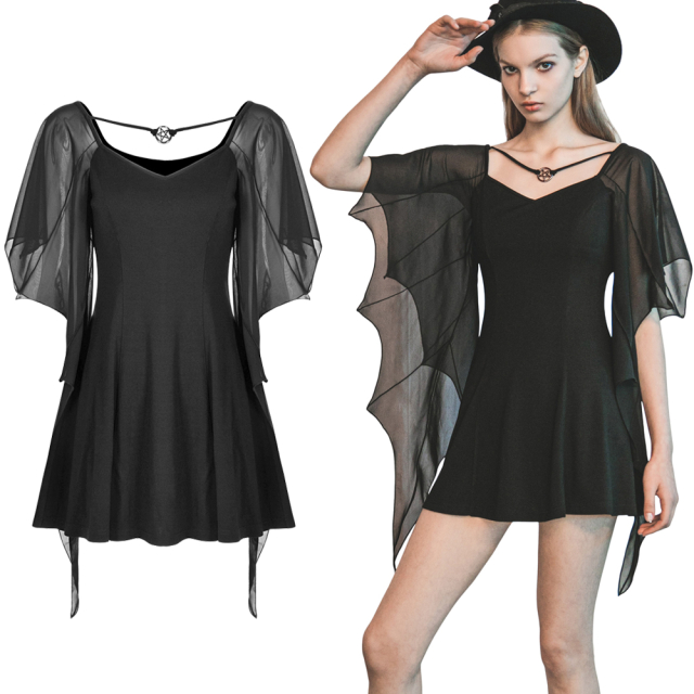 PUNK RAVE gothic mini dress with slightly flared skirt and enchanting chiffon sleeves in the shape of bat wings (OPQ-770BK)