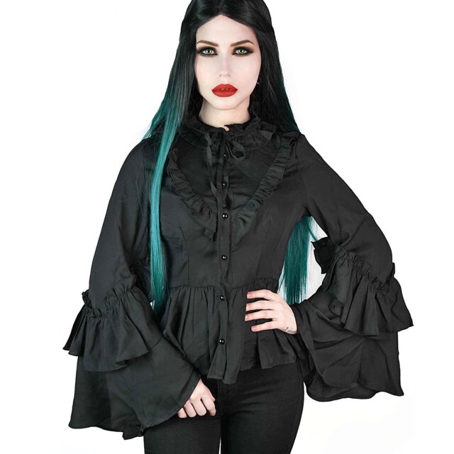 KILLSTAR Maiden of the Night Rüschenbluse - Victorian-Goth Rüschenbluse aus weich-fließendem Chiffon mit weiten Trompetenärmeln mit zusätzlichen Volant und Schößchen
