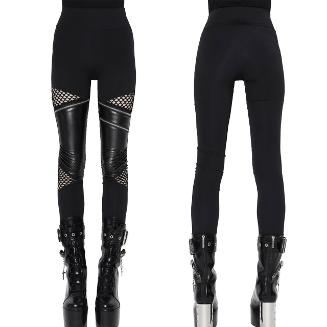 KILLSTAR Neo Noir Leggings - Skintight leggings with asymmetrical net and faux leather inserts and decorative zips
