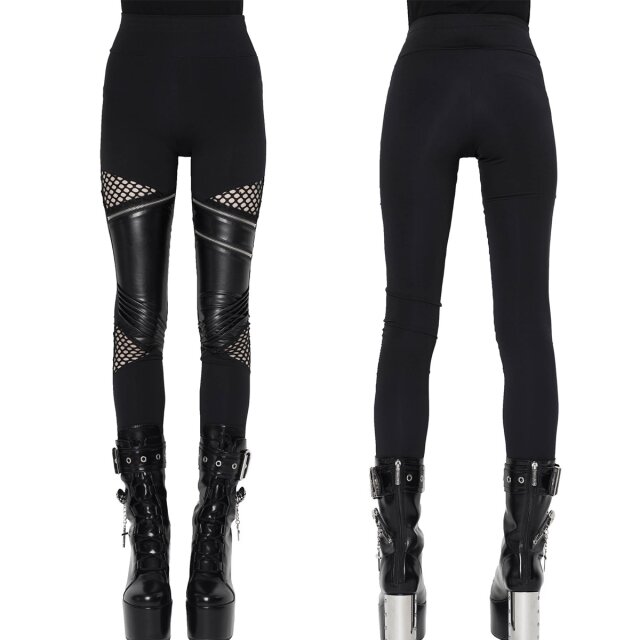 KILLSTAR Neo Noir Leggings - Rockige Leggings mit asymmetrischen Net- und Kunstledereinsätzen sowie Zierreißverschlüssen