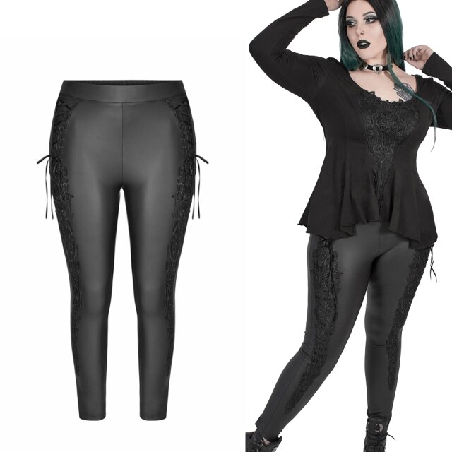 Superelastische schwarze Punk Rave Plus Size Gothic Wetlook-Leggings Eternal mit Spitzenborte und Zierschnürung (DK-459DDF BK)