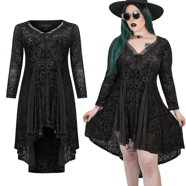 Elegant Punk Rave Plus Size Hi-Lo Dress (DQ-517LQF BK-GD) made of burnout velvet with a pattern of flowers and vines interwoven with subtle gold thread and lace trim at the front