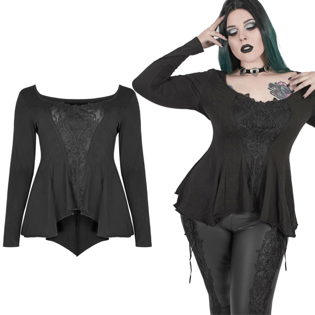 Long-sleeved Punk Rave A-line shirt from the Plus Size collection (DT-665TCF BK) with rounded hem and large lace insert at the front and corset lacing at the back