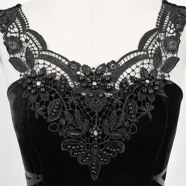 Velvet strap dress Ebony with lace and pearl embroidery
