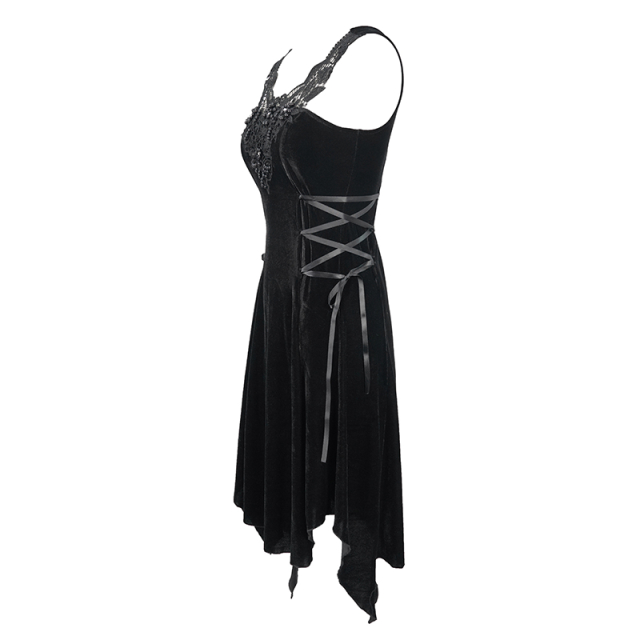 Velvet strap dress Ebony with lace and pearl embroidery