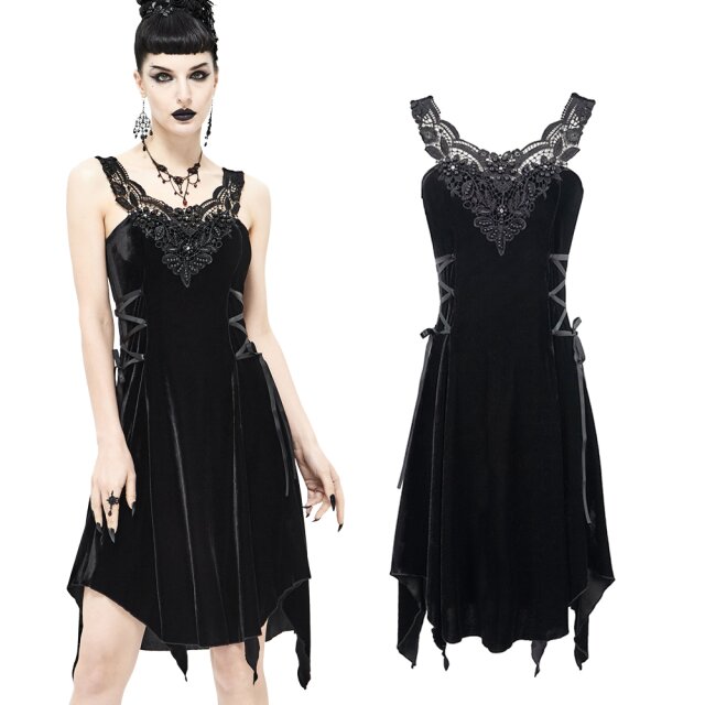 Devil Fashion Midi-Trägerkleid (SKT31) in A-Linie mit aufwendig mit Perlen verziertem Spitzenbesatz auf dem Deolleté und leicht fransigem Rock-Teil