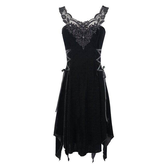 Träger-Samtkleid Ebony mit Spitze und Perlenstickerei XS-S