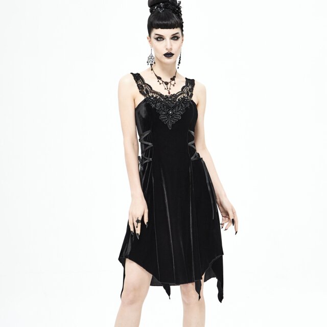 Träger-Samtkleid Ebony mit Spitze und Perlenstickerei XS-S
