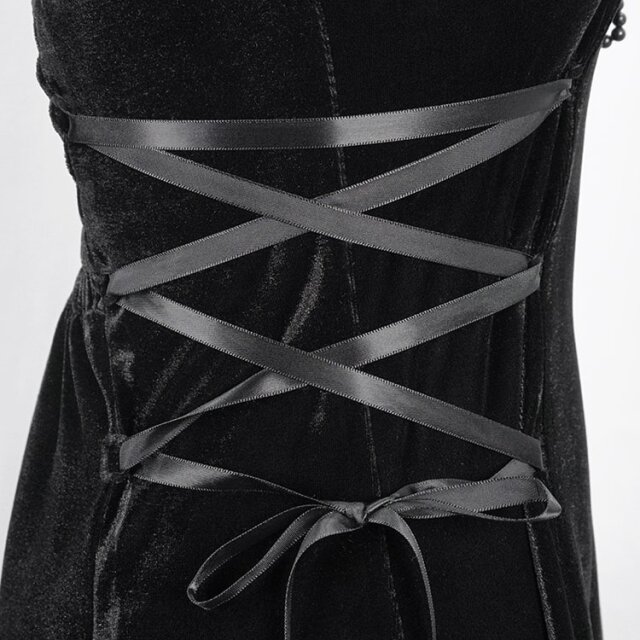 Träger-Samtkleid Ebony mit Spitze und Perlenstickerei XS-S