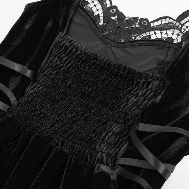 Träger-Samtkleid Ebony mit Spitze und Perlenstickerei M-L
