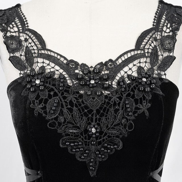 Träger-Samtkleid Ebony mit Spitze und Perlenstickerei M-L