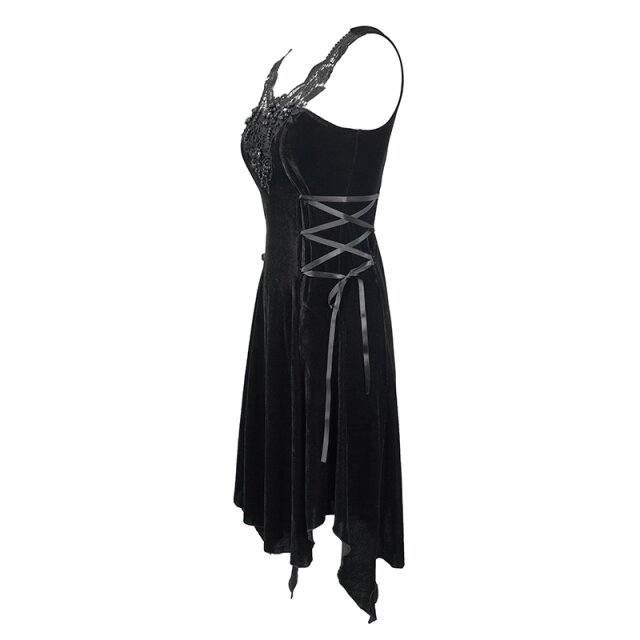 Träger-Samtkleid Ebony mit Spitze und Perlenstickerei M-L
