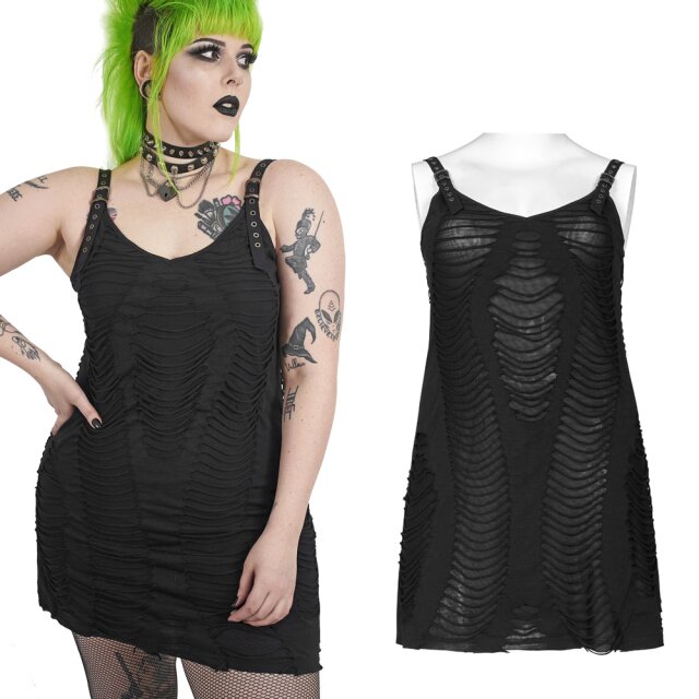 Schmales schwarzes Punk Rave Plus Size Minikleid (DQ-531LQF BK) mit Trägern im Fetzenlook und mit Schnallen an den Trägern