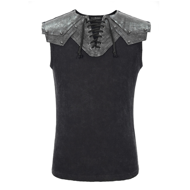 Super-elastic Devil Fashion Tank Top (TT167) in used look for a cool post-apocalyptic look with faux leather shoulder appliqués in the style of an armour in two colour variations