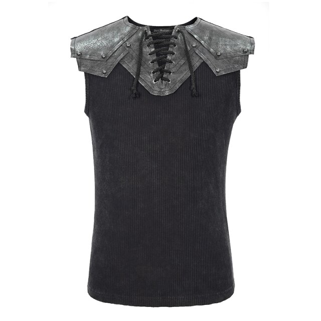 Superelastisches Devil Fashion Tank Top (TT167) in Used-Optik für coolen Post-Apokalpse Look mit Kunstleder-Schulterapplikationen im Stil einer Rüstung in zwei Farb-Varianten