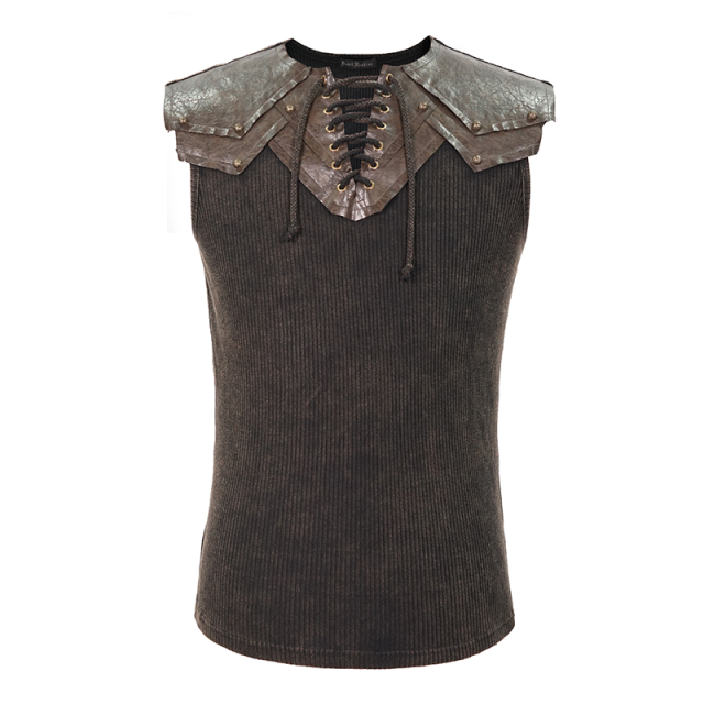 Super-elastic Devil Fashion Tank Top (TT167) in used look for a cool post-apocalyptic look with faux leather shoulder appliqués in the style of an armour in two colour variations