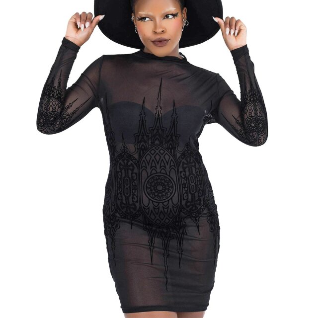 KILLSTAR Unholy Matrimony Mesh Kleid - Hautenges Bodycon-Minikleid mit langen Ärmeln aus halbtransparentem feinen Mesh mit atemberaubender Beflockung in Form von gotischen Spitzbögen und Türmchen mit dezent platzierten Kreuzen