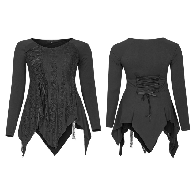 Punk Rave Long Sleeve Fringed Shirt (DT-667)  from the Plus Size Collection with lace, ribbons and lacing and pointed hem in plain black or black-purple