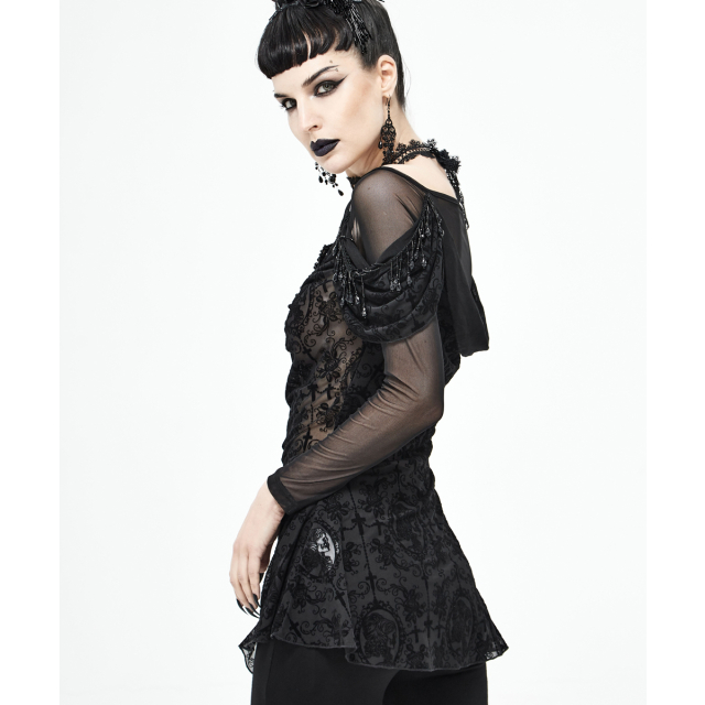 Transparentes Shirt Morgana mit okkultem Samt-Flock und schwarzen Perlen XS-S