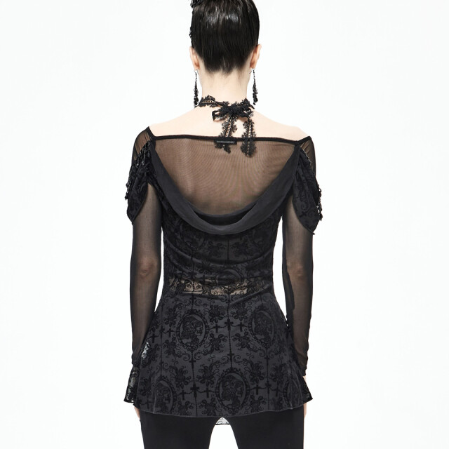 Transparentes Shirt Morgana mit okkultem Samt-Flock und schwarzen Perlen XS-S