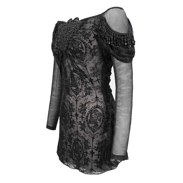 Transparentes Shirt Morgana mit okkultem Samt-Flock und schwarzen Perlen M-L