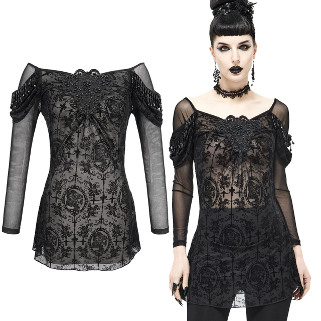 Devil Fashion Longshirt (TT169) aus transparentem Mesh mit samtiger Beflockung mit Blüten, Skulls und Kreuzen sowie atemberaubender Perlenverzierung an Dekolletee und den Oberarmen.