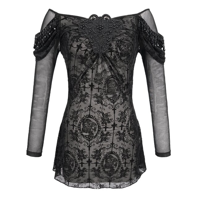 Transparentes Shirt Morgana mit okkultem Samt-Flock und schwarzen Perlen 3XL-4XL
