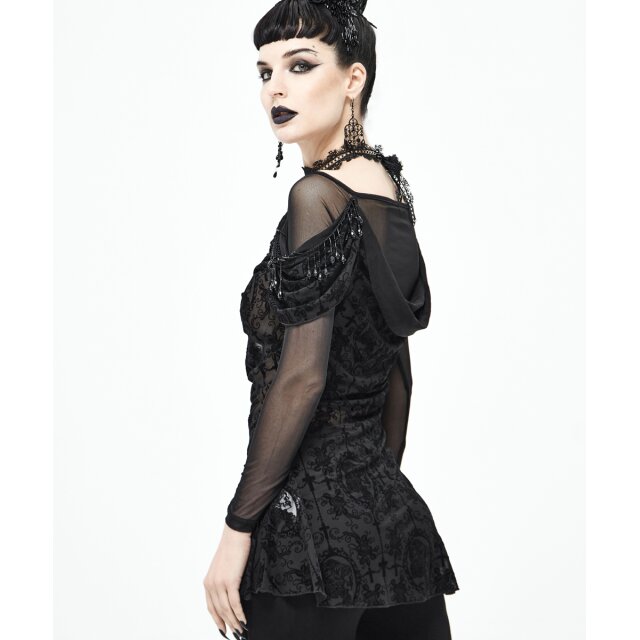 Transparentes Shirt Morgana mit okkultem Samt-Flock und schwarzen Perlen 3XL-4XL