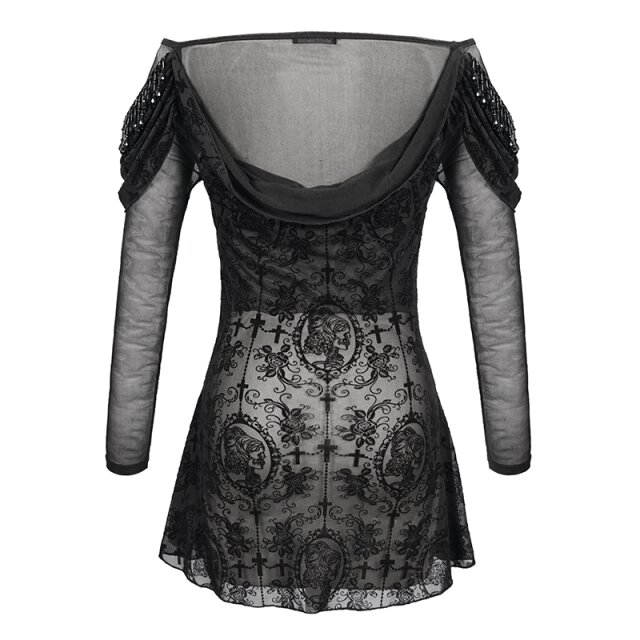 Transparentes Shirt Morgana mit okkultem Samt-Flock und schwarzen Perlen 3XL-4XL