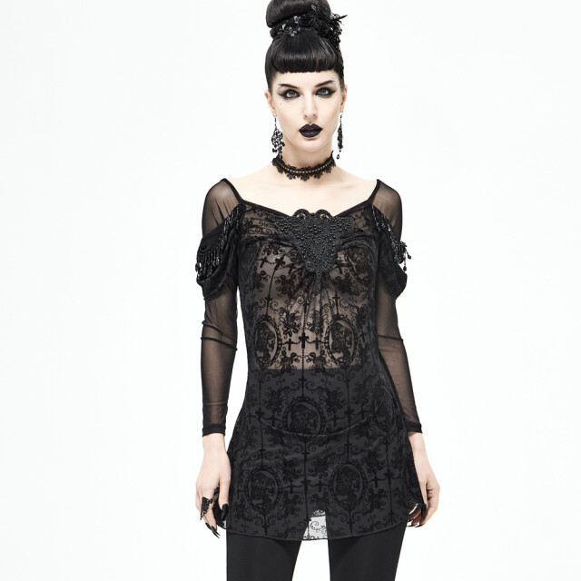 Transparentes Shirt Morgana mit okkultem Samt-Flock und schwarzen Perlen 3XL-4XL