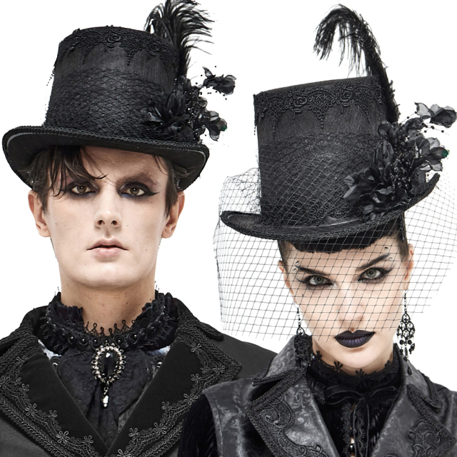 Black Victorian Devil Fashion unisex top hat (AS082) with lace, coarse tulle veil, lavish 3D flower and bead embellishment and a detachable feather.
