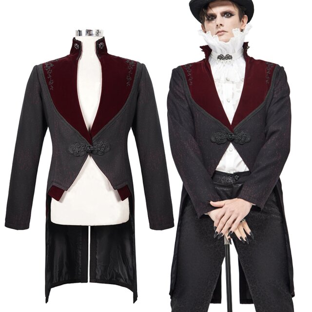 Schwarz-roter Devil Fashion Frack (CT173) in viktorianischer Vampir-Optik mit blutroten Samteinsätzen und edler Rankenstickerei sowie Bordüren